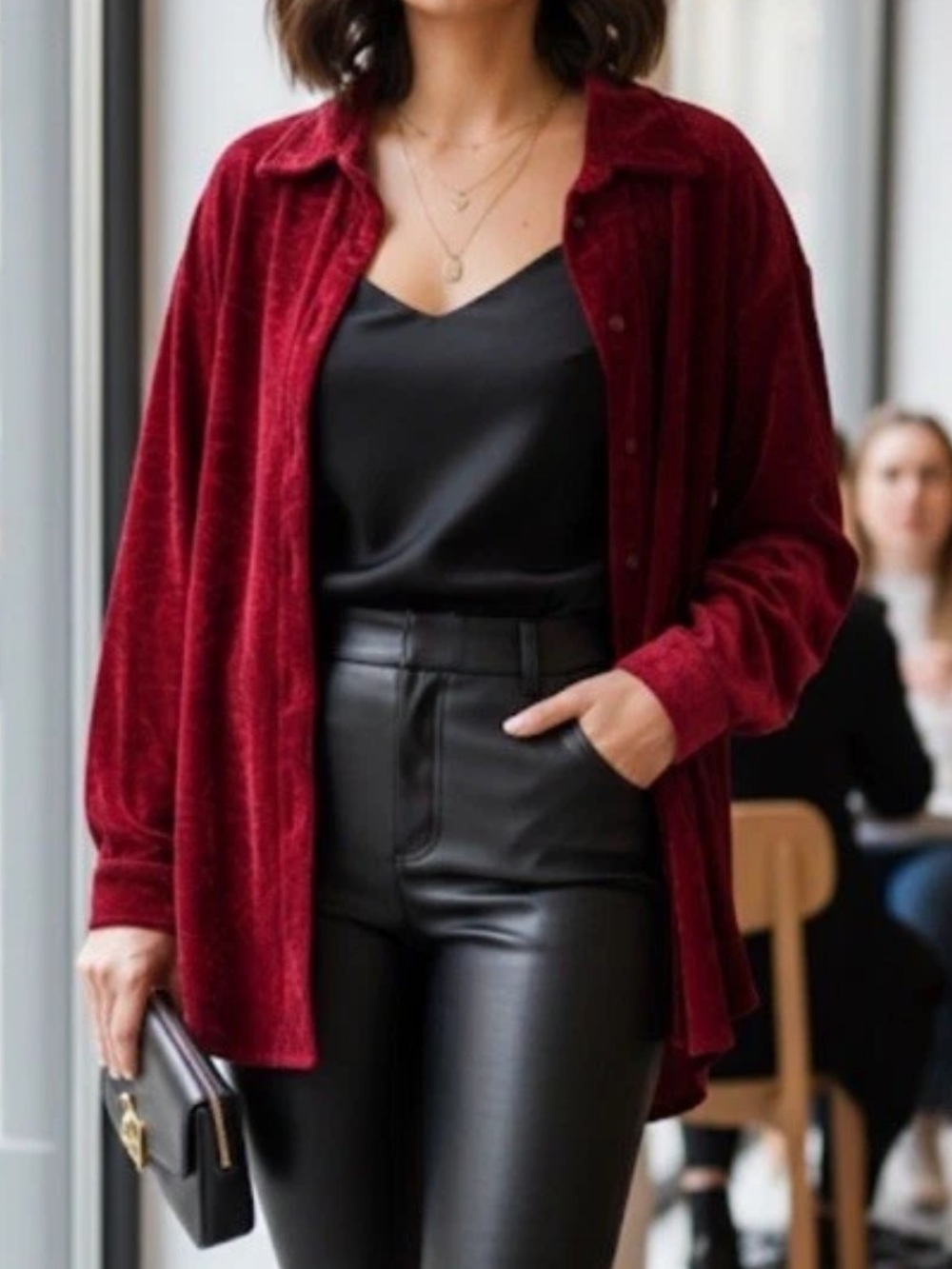 JMS Y2K Button Down raspberry red burned Velvet Shacket tunic top plus Size 3X